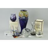 A ROYAL DOULTON STONEWARE VASE AND SIX PIECES OF GLASSWARE, to include Caithness Limited Edition
