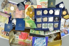 TWO TINS AND A BOX OF UK COINAGE, to include five pound coins, First Day Coin Covers, silver