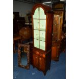 A SLIM REPRODUCTION MAHOGANY GLAZED SINGLE DOOR DISPLAY CABINET with a single drawer, width 48cm x