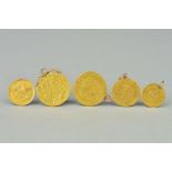 A GROUP OF GOLD COINS, all drilled or mounted, to include two George III Guinea coins, 1781, half