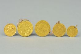 A GROUP OF GOLD COINS, all drilled or mounted, to include two George III Guinea coins, 1781, half