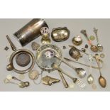A BOX OF ASSORTED SILVER, WHITE METAL AND SILVER PLATE, including hallmarked sugar tongs, coins,