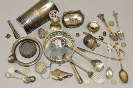 A BOX OF ASSORTED SILVER, WHITE METAL AND SILVER PLATE, including hallmarked sugar tongs, coins,