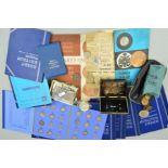 A PLASTIC BASKET OF COINS AND COMMEMORATIVES, to include Whitman folders of Pre 1947 coinage and