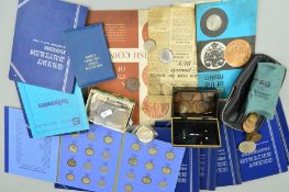 A PLASTIC BASKET OF COINS AND COMMEMORATIVES, to include Whitman folders of Pre 1947 coinage and