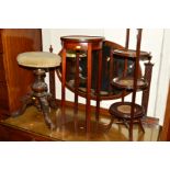 AN EDWARDIAN MAHOGANY THREE TIER CAKE STAND, a Victorian swivel piano stool and a mahogany
