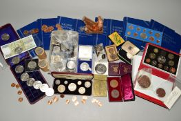 TWO BOXES OF COINS AND MEDALS, to include a set of eight Victoria silver coins in a specimen case, a