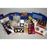 TWO BOXES OF COINS AND MEDALS, to include a set of eight Victoria silver coins in a specimen case, a