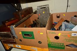 TWO BOXES OF VARIOUS CARPENTRY TOOLS, to include Stanley planes and other planes, together with
