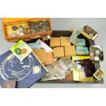 A BOX OF COINS AND MEDALS, to include an album of silver coins with 37 crowns, George III to