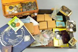 A BOX OF COINS AND MEDALS, to include an album of silver coins with 37 crowns, George III to