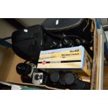 A BOX OF OPTICAL INSTRUMENTS to include Simmons 8x42 Wilderness binoculars, Virgin 10x25 binoculars,