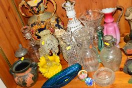 A GROUP OF DECORATIVE GLASSWARE and two ceramic vases, to include a glass white flash cut lamp,
