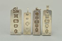 FOUR SILVER IGNOT PENDANTS, all of rectangular outline with large hallmarks stamped to the front