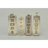 FOUR SILVER IGNOT PENDANTS, all of rectangular outline with large hallmarks stamped to the front