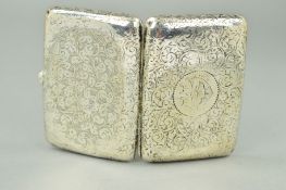 AN EARLY 20TH CENTURY SILVER CIGARETTE CASE, fully engraved in a floral scroll design with a