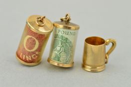 THREE 9CT GOLD CHARMS, to include a tankard, a cased ten shilling note and a cased one pound note,