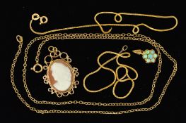 A SELECTION OF JEWELLERY, to include an oval cameo pendant, an opal cabochon flower shape cluster