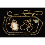 A SELECTION OF JEWELLERY, to include an oval cameo pendant, an opal cabochon flower shape cluster