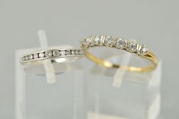 TWO 9CT GOLD RINGS, the first a half eternity ring channel set with a graduated row of brilliant cut