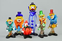 SIX VARIOUS MURANO GLASS CLOWNS, approximate tallest height 29cm