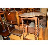 AN OAK BARLEY TWIST SEWING TABLE with a single drawer, together with an oak occasional table and