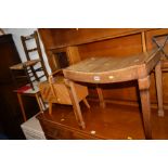 AN EDWARDIAN WALNUT PIANO STOOL, a teak sewing box, two beech stick back chairs, a formica topped