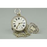 A MID VICTORIAN SILVER POCKET WATCH WITH CHAIN AND SILVER MEDALLION, the pocket watch with Roman