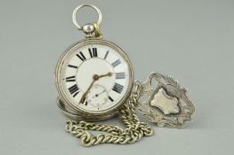 A MID VICTORIAN SILVER POCKET WATCH WITH CHAIN AND SILVER MEDALLION, the pocket watch with Roman
