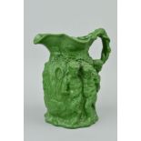 A MINTON BACCHUS RELIEF DECORATED GREEN JUG, marked No19 to base, approximate height 20cm