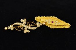 TWO EARLY 20TH CENTURY BAR BROOCHES to include, a ruby and seed pearl bar brooch, applied bead and