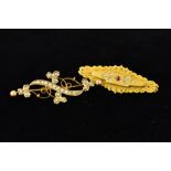 TWO EARLY 20TH CENTURY BAR BROOCHES to include, a ruby and seed pearl bar brooch, applied bead and