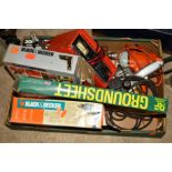 A BOX CONTAINING VARIOUS DRILLS, small compressor, battery, charger etc