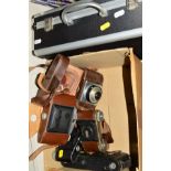 A TRAY OF VINTAGE CAMERAS, and a pair of Hummel 10x50 binoculars, the cameras include a