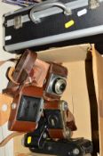 A TRAY OF VINTAGE CAMERAS, and a pair of Hummel 10x50 binoculars, the cameras include a