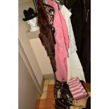 VARIOUS CLOTHES, HATS, SHOES, BAGS etc, to include fur stole, a pair of boxing gloves, clogs etc