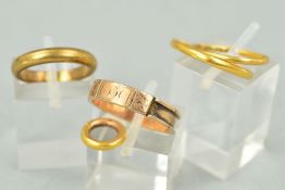 FOUR RINGS AND A CLASP to include a Georgian gold memorial ring with personal engraving to inside of