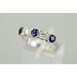 A MID TO LATE 20TH CENTURY SAPPHIRE AND DIAMOND HALF HOOP FIVE STONE RING, estimated modern round