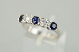 A MID TO LATE 20TH CENTURY SAPPHIRE AND DIAMOND HALF HOOP FIVE STONE RING, estimated modern round