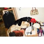 TWO BOXES AND LOOSE CLOTHING to include handbags, faux fur coats and hats etc