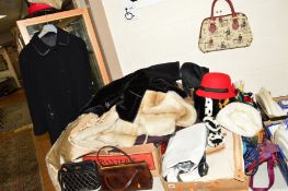 TWO BOXES AND LOOSE CLOTHING to include handbags, faux fur coats and hats etc