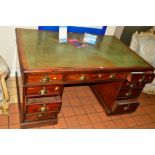 A VICTORIAN MAHOGANY TWIN PEDESTAL PARTNERS DESK, having gilt tooled green leather skiver over