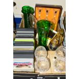 A BOX OF SUNDRY ITEMS, to include boxed glasses, green glass vases, Deco style metal photo frame a