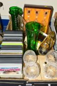 A BOX OF SUNDRY ITEMS, to include boxed glasses, green glass vases, Deco style metal photo frame a