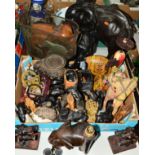 A BOX AND LOOSE 'ELEPHANT' SHAPED ORNAMENTS, CANDLESTICKS etc