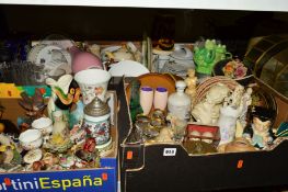 FIVE BOXES AND LOOSE ORNAMENTS, TEA/DINNERWARES etc, to include display cases, hinged trinket boxes,