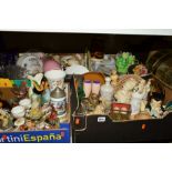 FIVE BOXES AND LOOSE ORNAMENTS, TEA/DINNERWARES etc, to include display cases, hinged trinket boxes,
