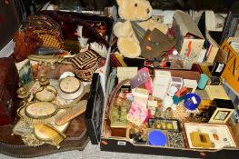 THREE BOXES AND LOOSE SUNDRY ITEMS to include perfume bottles, (mostly used and empty perfume