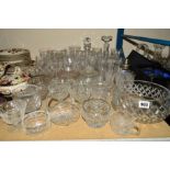 A QUANTITY OF CUT GLASS, to include decanters, bowls, glasses etc, (Royal Albert, Tutbury Crystal)