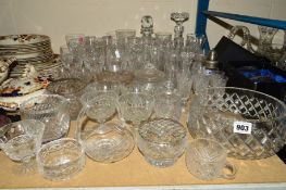 A QUANTITY OF CUT GLASS, to include decanters, bowls, glasses etc, (Royal Albert, Tutbury Crystal)